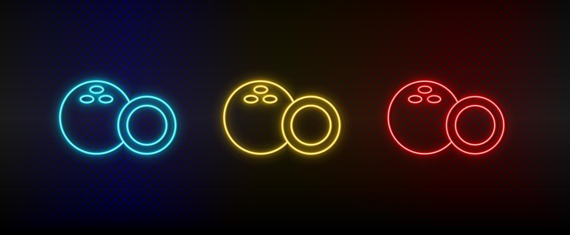 Neon icon set coconut. Set of red, blue, yellow neon vector icon on dark background