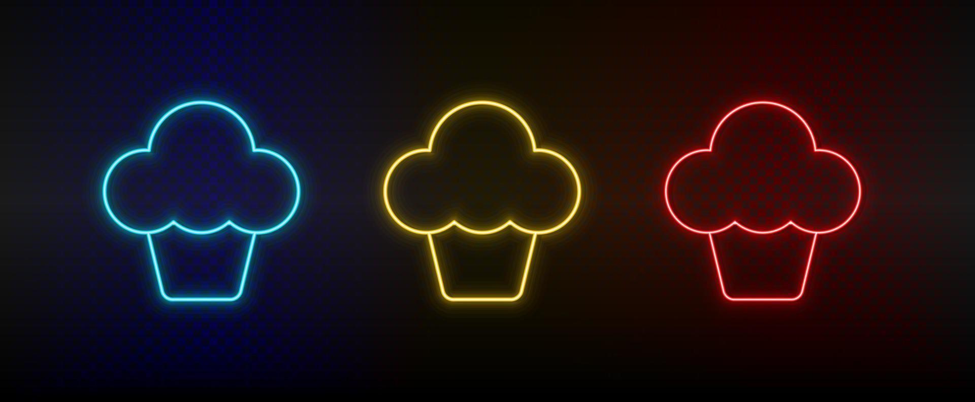 Neon icon set cupcake. Set of red, blue, yellow neon vector icon on dark background