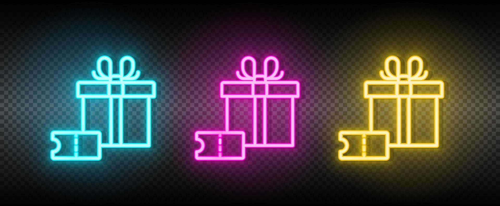 Voucher, box, gift neon icon set. Media marketing vector illustration neon blue, yellow, red icon set