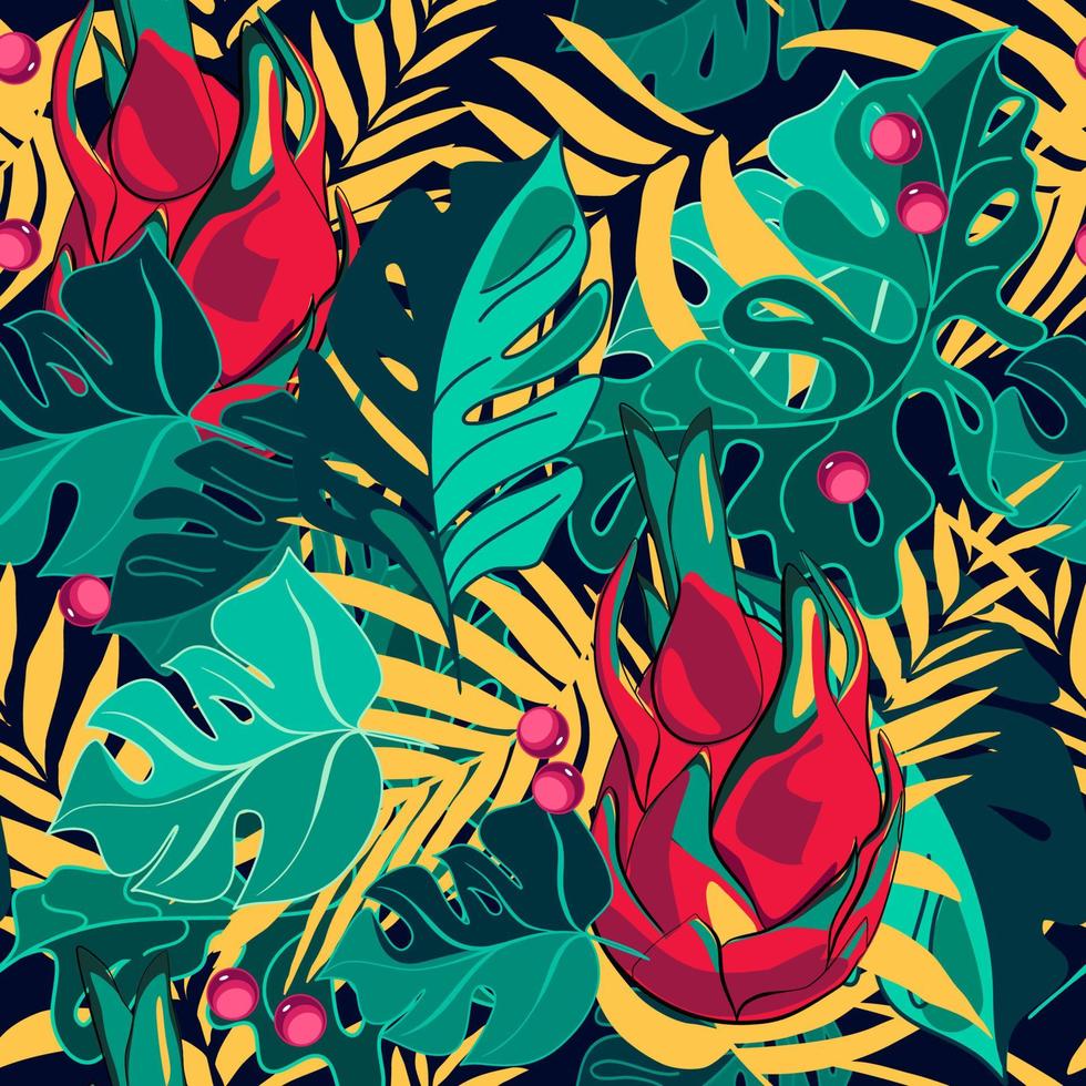 Tropical leaves and dragon fruit botanical pattern vector