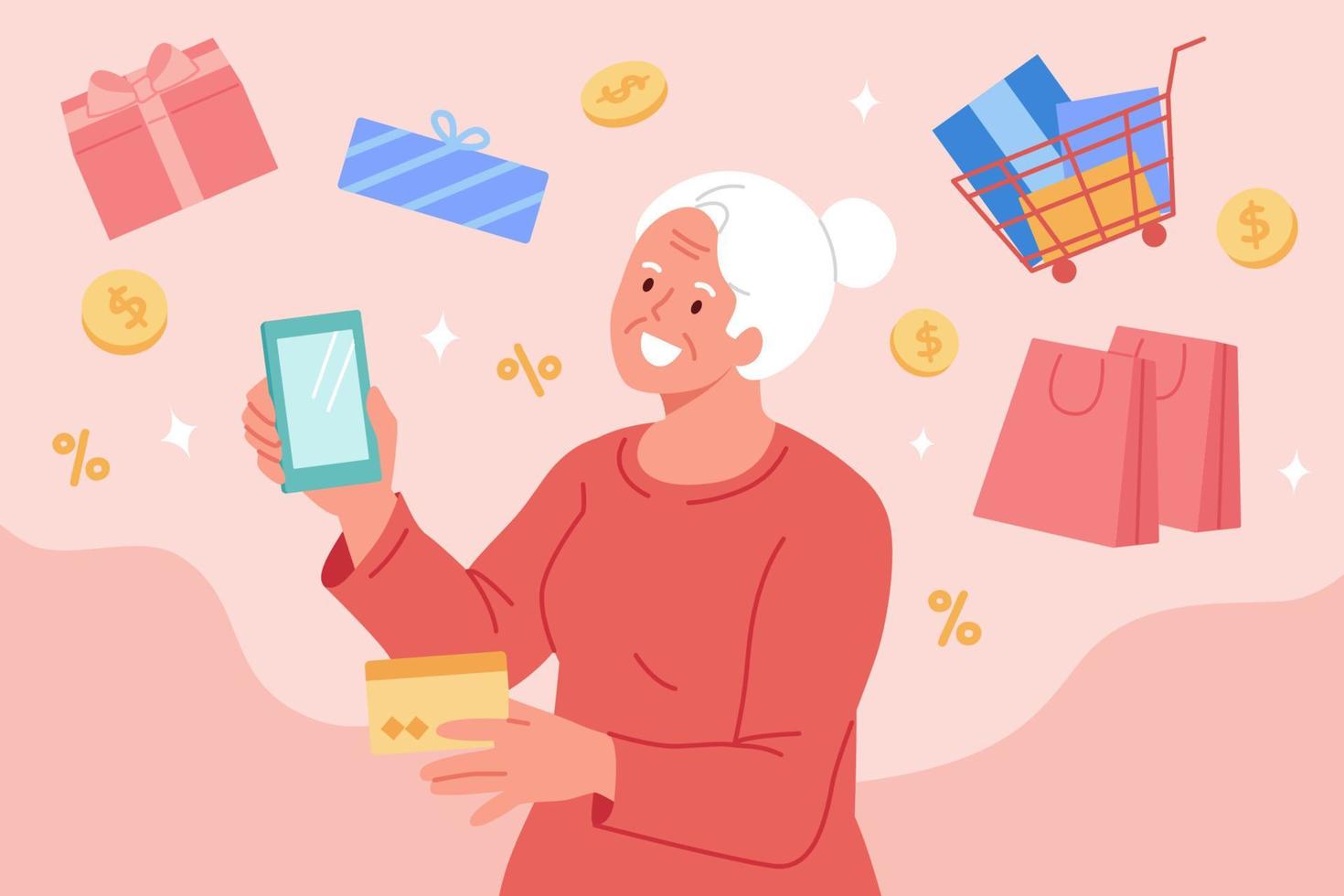 Elder buying many goods online. Flat illustration of elderly woman spending money at various stores using smartphone vector