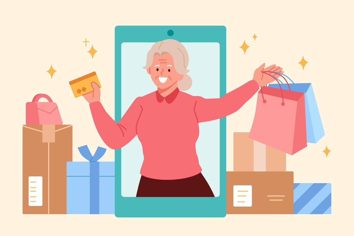 mayor amoroso en línea compras. plano ilustración de un mayor mujer haciendo un manojo de compras desde Internet en su crédito tarjeta vector