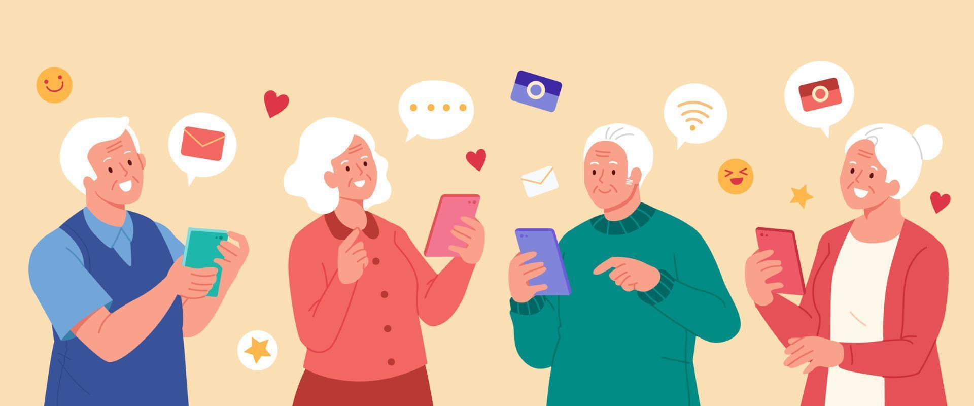 Tech-savvy elders using phones. Flat illustration of old people enjoying sending messages, taking photos and receiving emails on smartphones vector