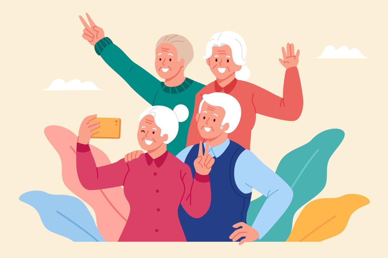 Elder taking selfie on a group tour. Flat illustration of an elderly woman using smartphone to take self-portrait for partners vector