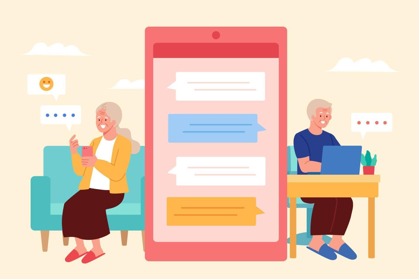 Elders texting online. Flat illustration of an elderly couple sending messages to each other on Internet with digital devices vector