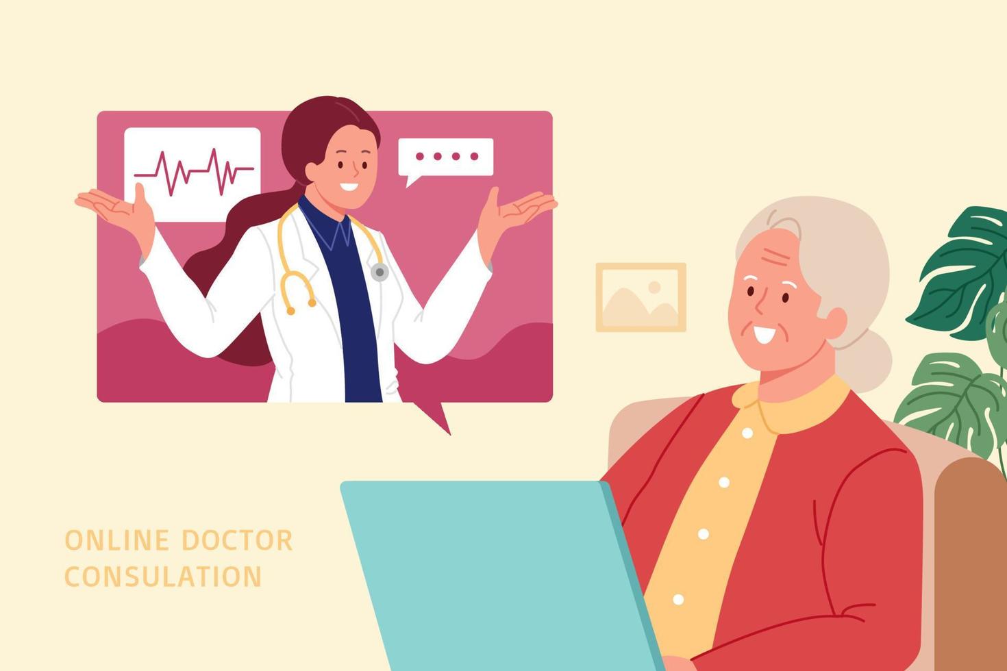 Elder with telemedicine support. Flat illustration of female doctor consulting a elderly woman via online video call vector