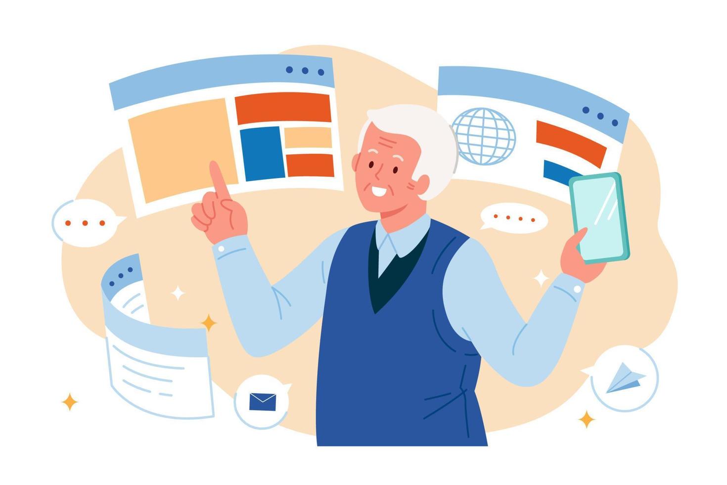 Flat illustration of senior man holding mobile phone with web pages and icons around vector