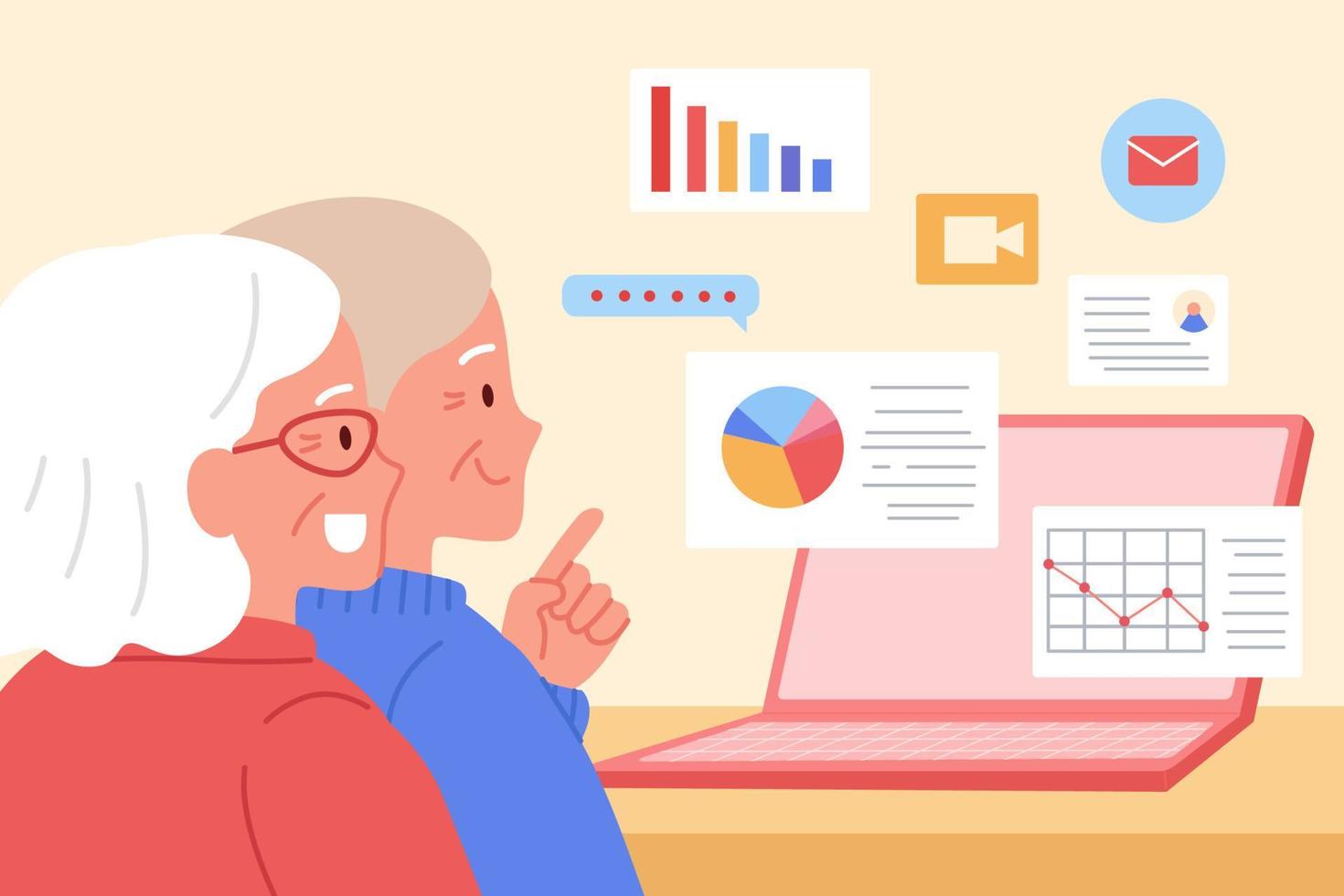 Elder's pension investment. Flat illustration of an old couple visiting their stock dashboard portfolio on Internet and discussing the retirement financial plan vector