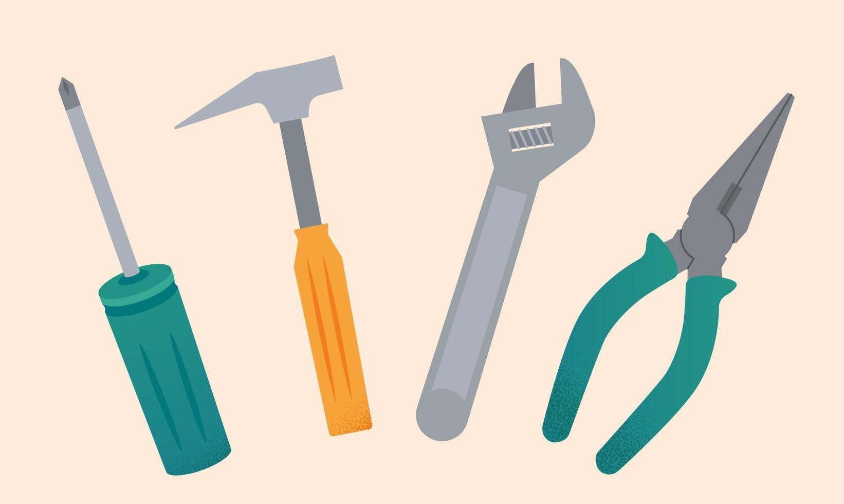 Set of basic hand tools including screwdriver, hammer, wrench, and pliers in flat illustration. vector