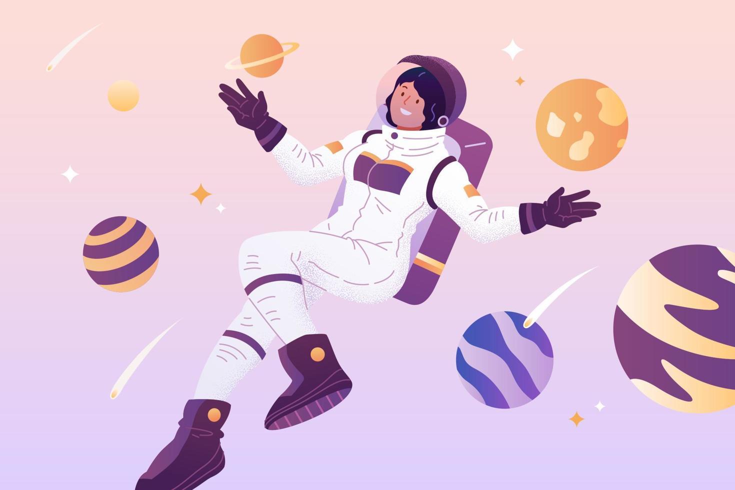 Flat illustration of astronaut woman in white spacesuit uniform with planets around vector