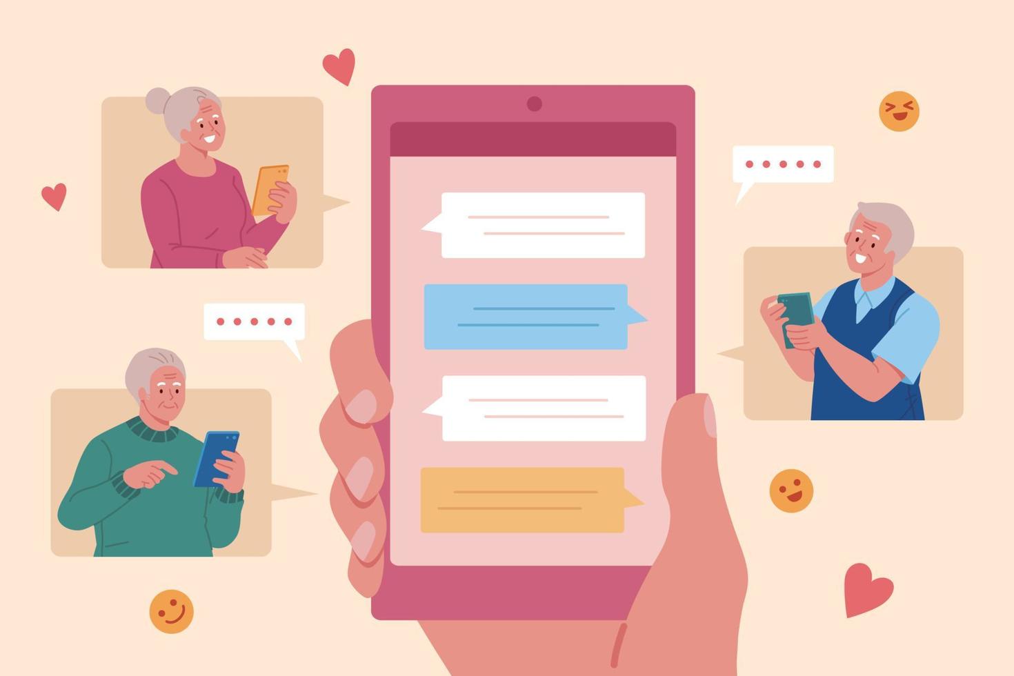Elders texting with mobile in group . Flat illustration of a woman sending text messages and emoticons from her first-person perspective vector