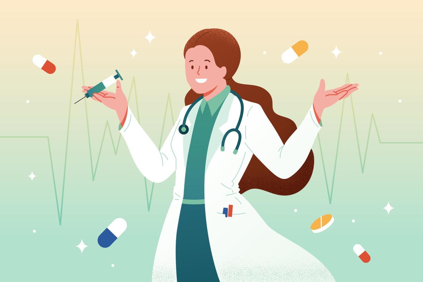 Flat illustration of a young woman doctor in lab coat holding a syringe. Healthcare professional with pills around. vector