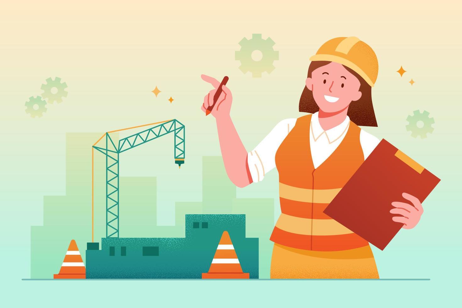 Female worker at construction site. Flat illustration of female civil engineer holding clipboard pointing at construction tower crane in the background. vector