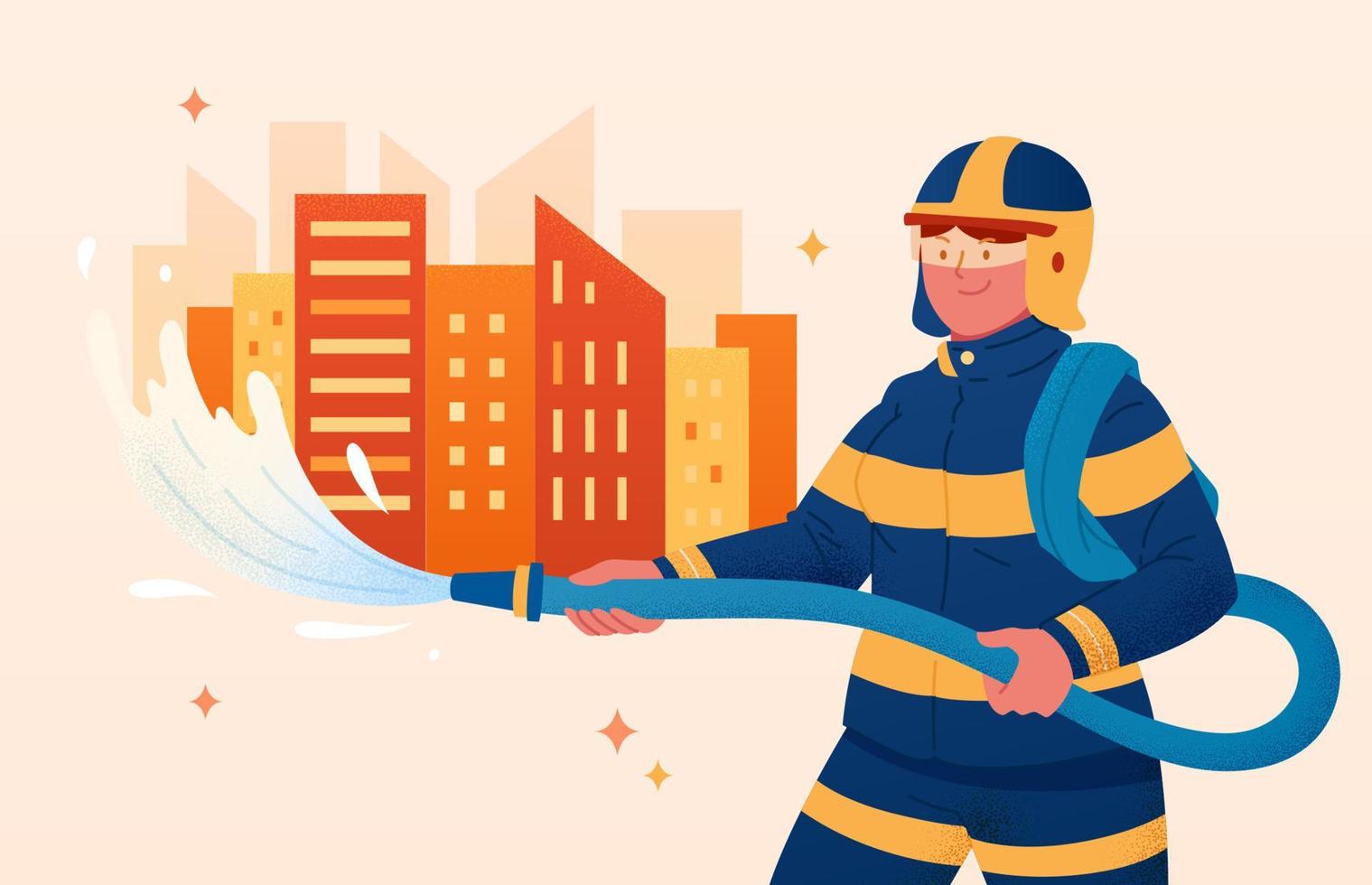 Female firefighter at work. Flat illustration of firewoman putting out fire with hose throwing water to skyscrapers on fire. vector