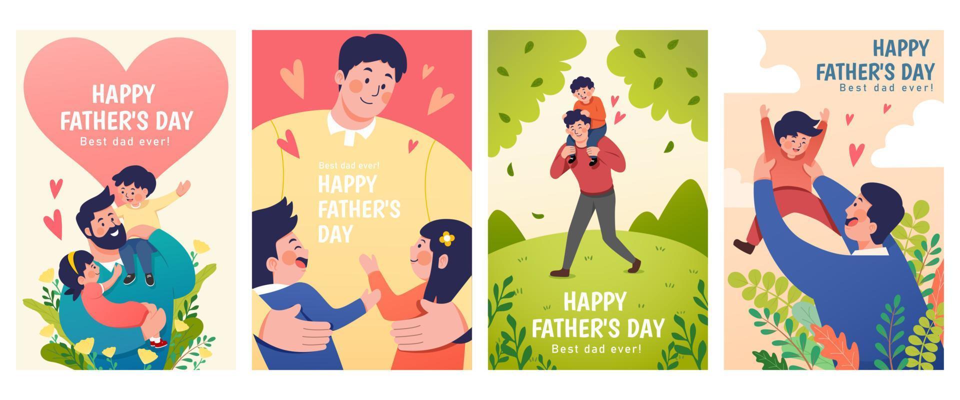 Set of Father's Day illustrations depict dads taking care of their children. Concept of fatherhood, parenting, and childhood in flat design. vector
