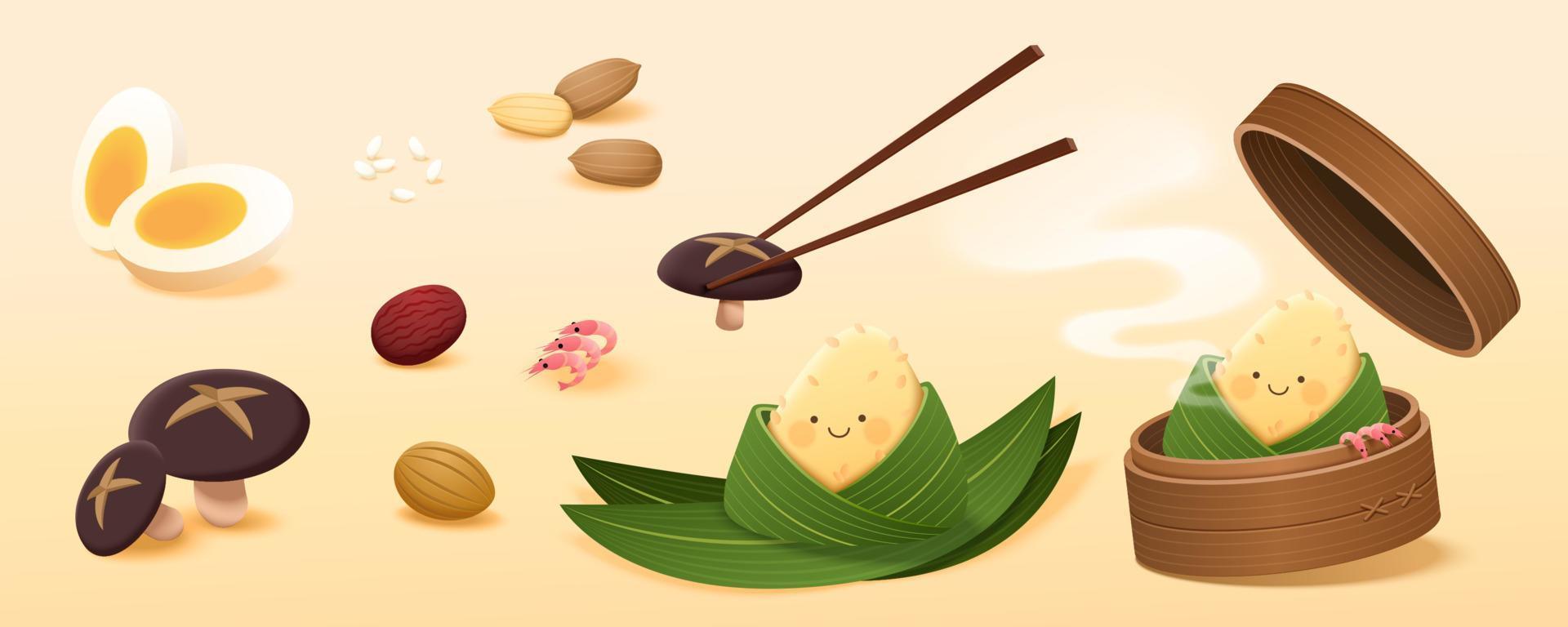 Rice dumpling ingredients isolated on light orange background. Flat illustrated element suitable for Chinese Dragon Boat Festival. vector