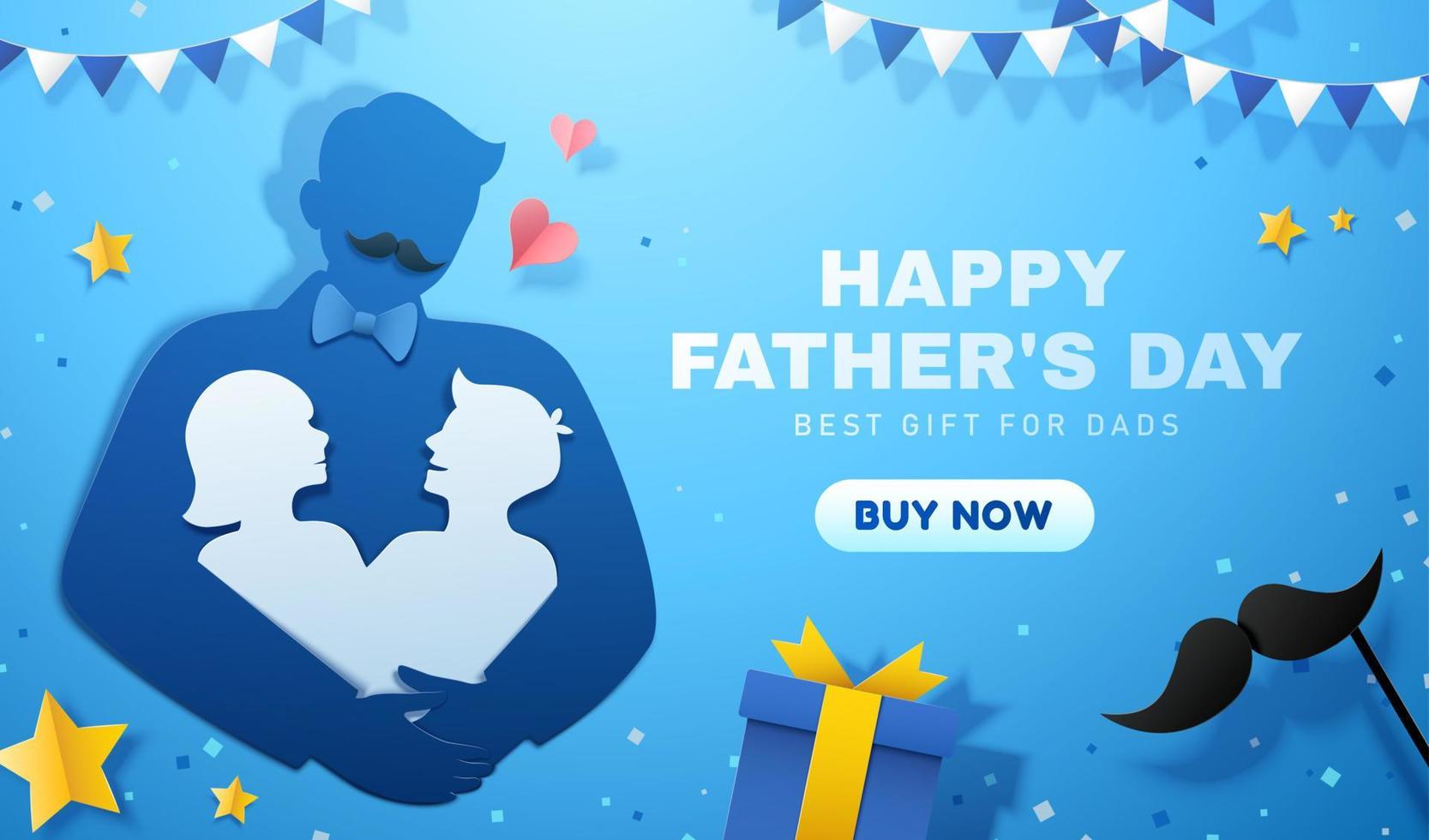 Father's day sale template with decorative paper cut elements on blue background. Concept of fatherhood. vector