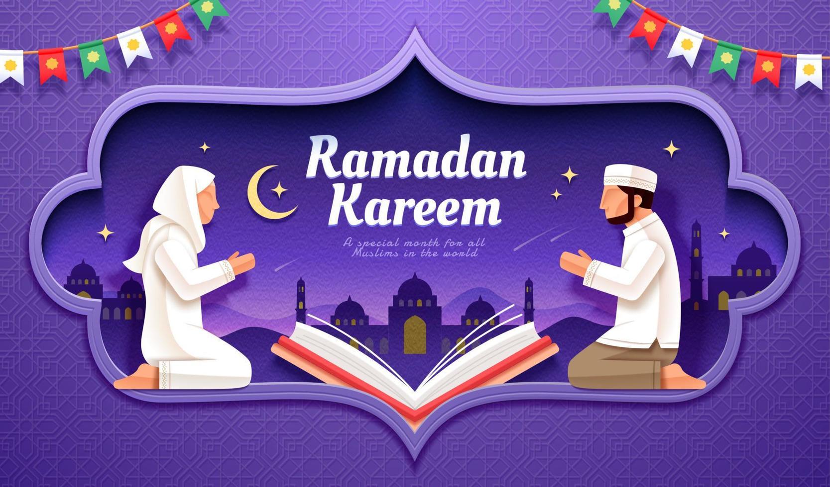 Young couple praying and reading Quran on Mosque silhouette background framed by patterns. 3d illustration of Ramadan or Islamic holiday celebration. vector