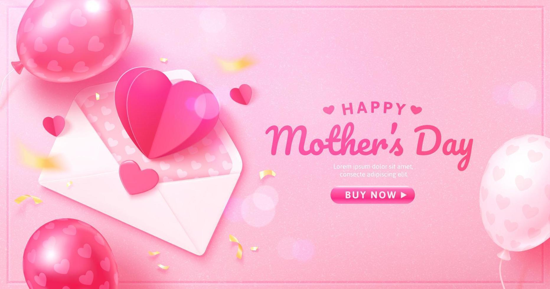 3d Mother's Day or Valentine's Day banner template. Top view of an envelope and balloons set on table. Concept of love letter. Suitable for web page and event promo. vector