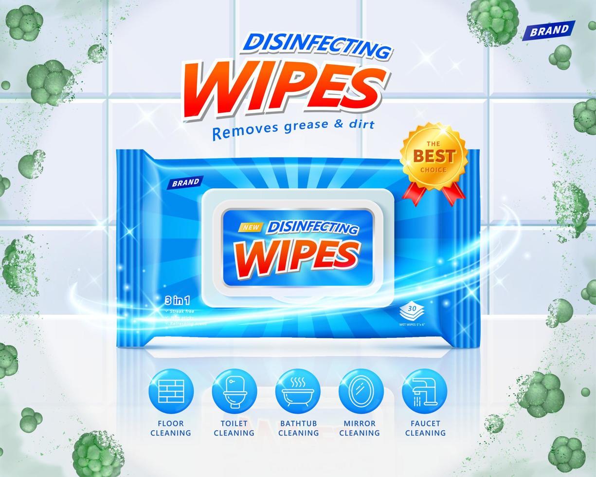 3d disinfecting wet wipes ad. Concept of protection against harmful microbes. Layout design with efficacy icons on clean ceramic tiles background. vector