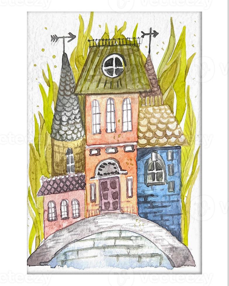 Watercolor drawing of fantastic, fabulous houses. A fairy-tale tree house and a magical village of housing, a children's fairy-tale playhouse. photo