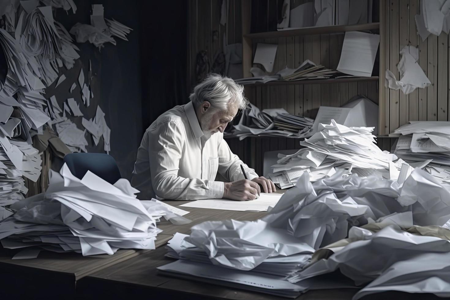 homme au milieu de piles de papiers sur son bureau photo