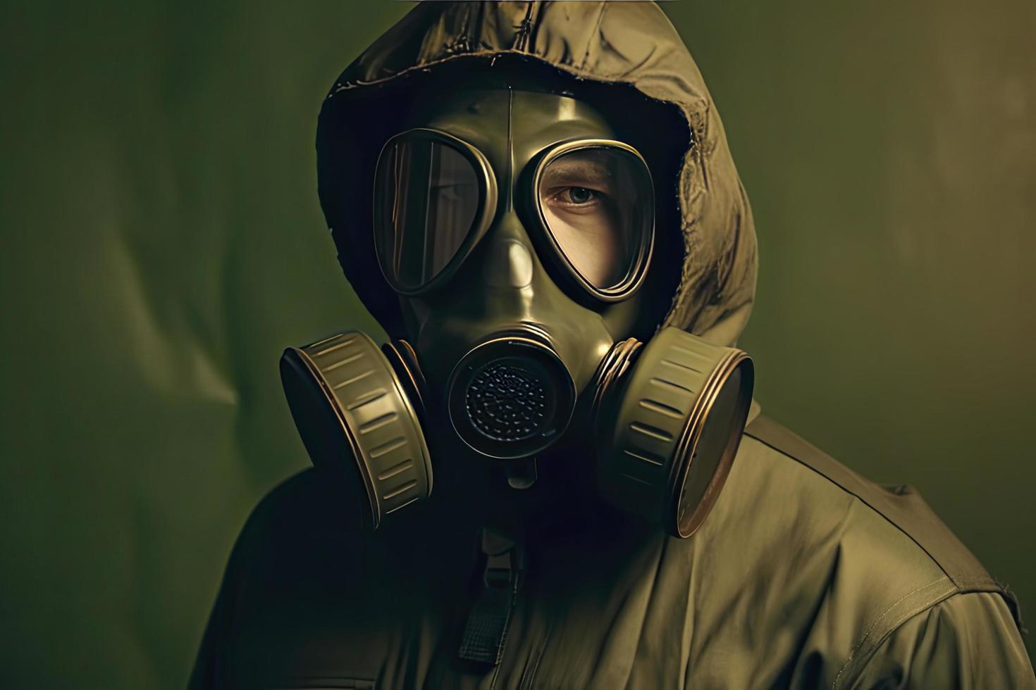 Man with a gas mask, nuclear war and environmental disaster, radioactivity catastrophe, military equipment photo