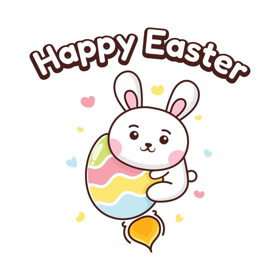 illustration of a bunny hugging an egg rocket celebrating easter kawaii style vector