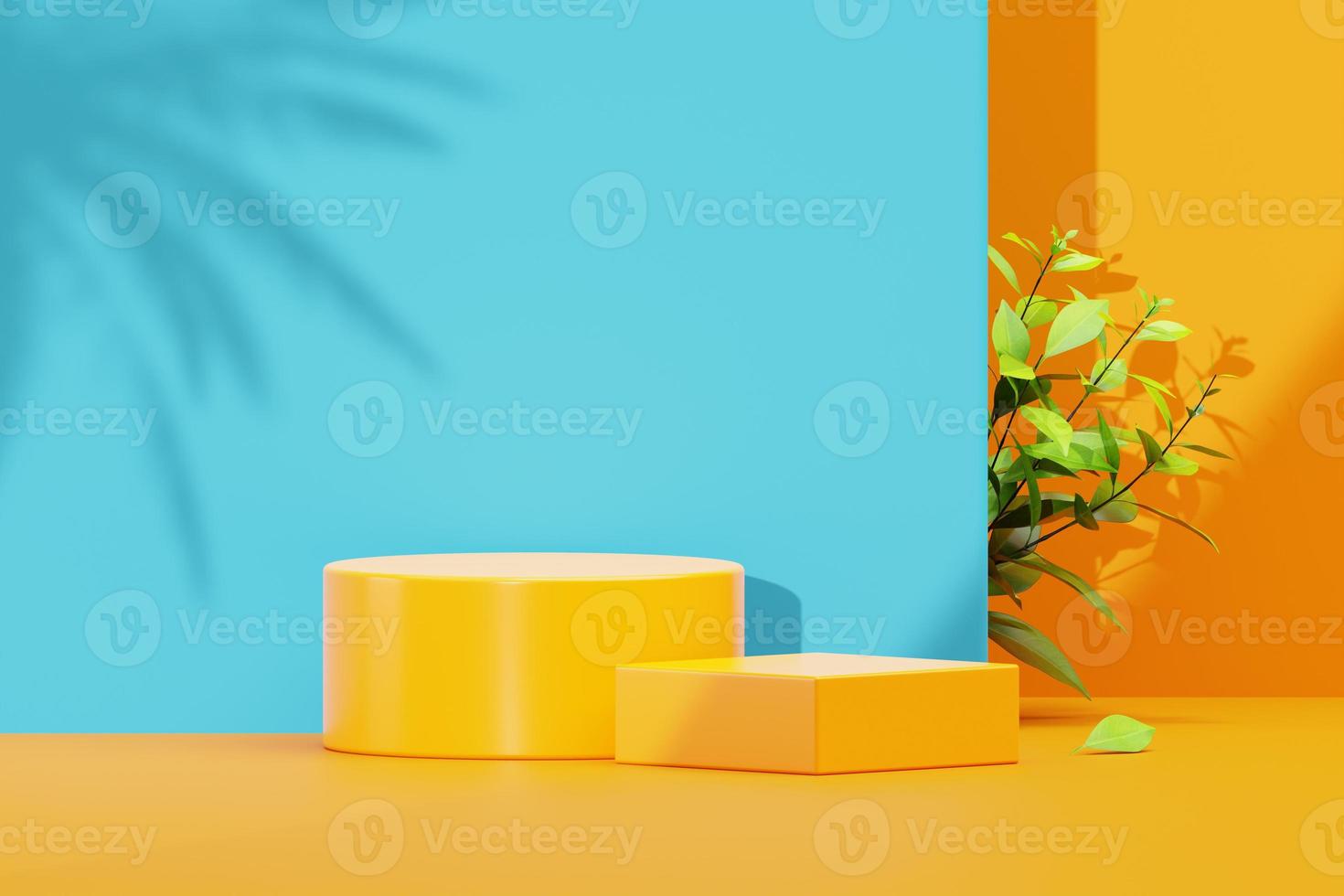 Summer podium sale with coconut tree shadow and lemon leaf tropical sunlight pedestal product display nature platform for presentation mockup 3d background photo