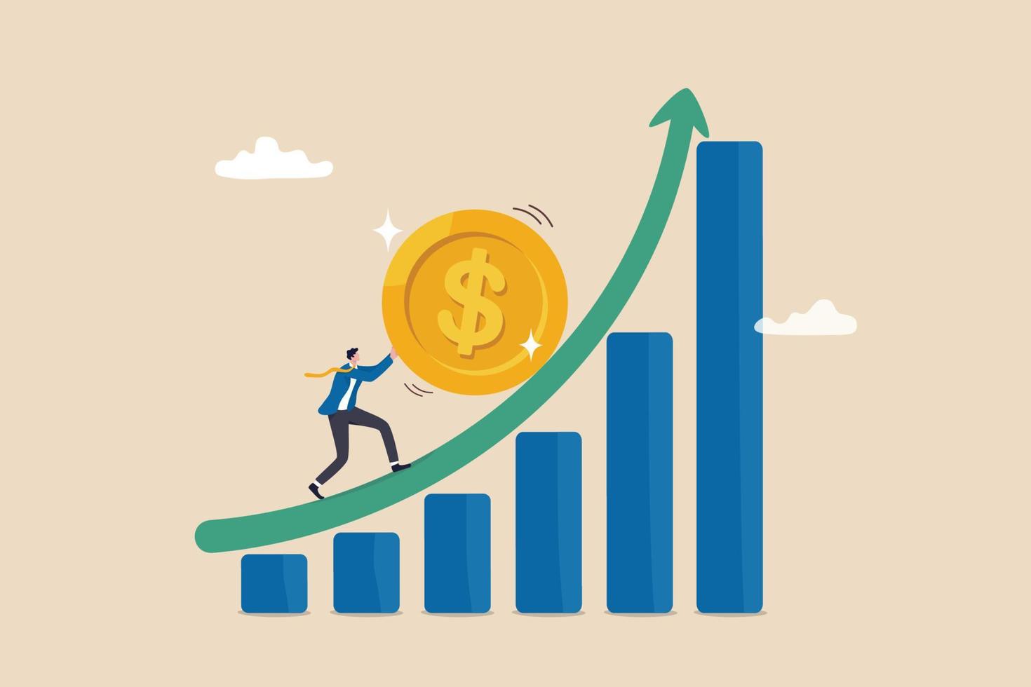 Compound interest exponential growth, investing earning profit, wealth management or savings, pension fund growing in long term investment concept, businessman push money coin up exponential graph. vector