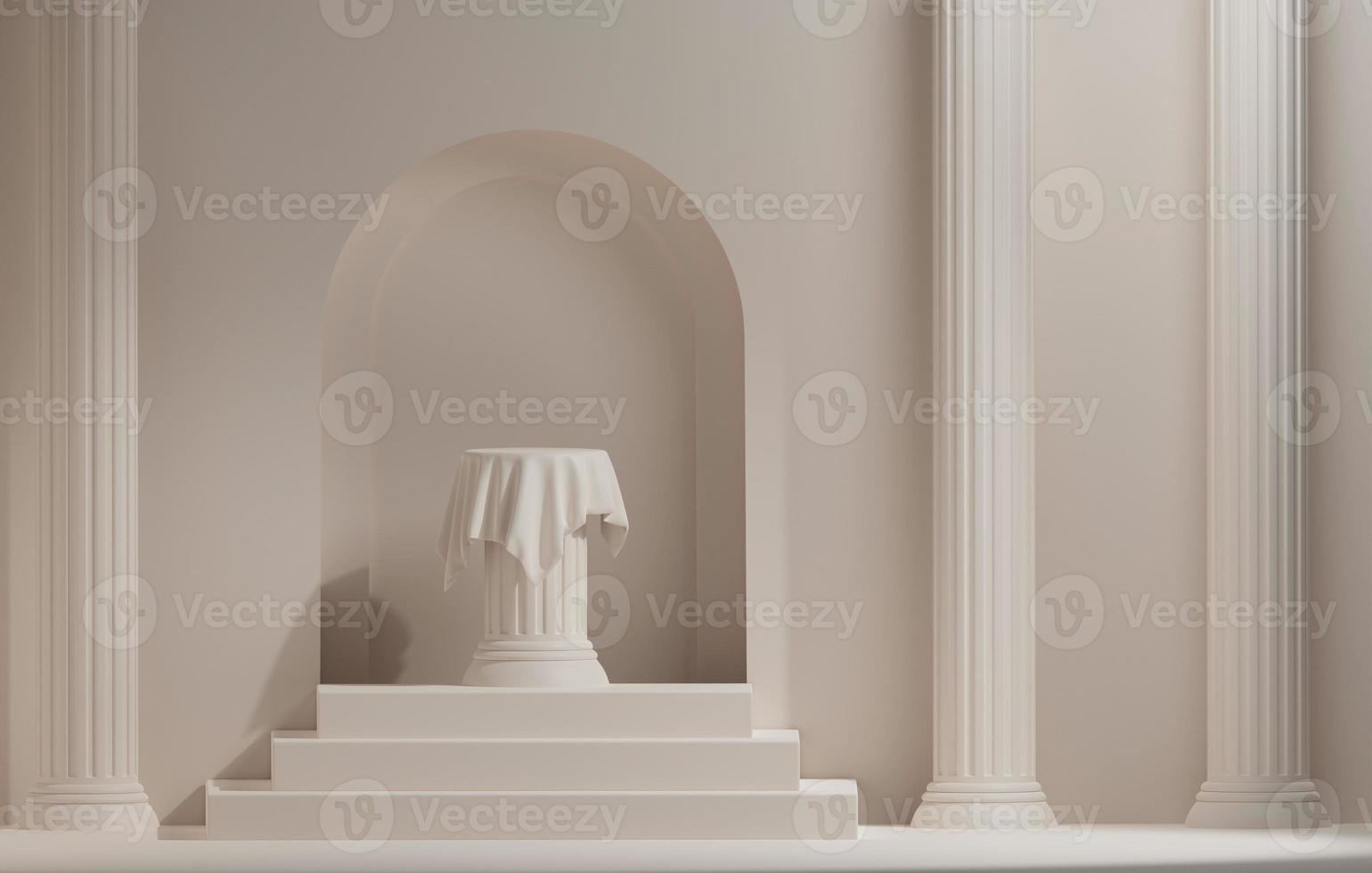 Ancient Greek style pillar podiums with cream white clothand door Classic pastel cream color background, 3d rendering,3d illustration. photo
