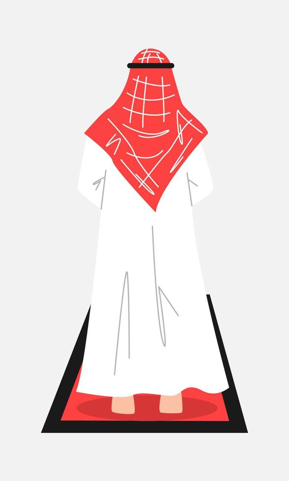arabic man in keffiyeh and traditional arabic dress praying. prayer rug. back view. flat vector illustration.