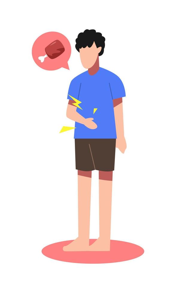 illustration of boy holding belly. hungry child. imagine meat. flat vector. vector