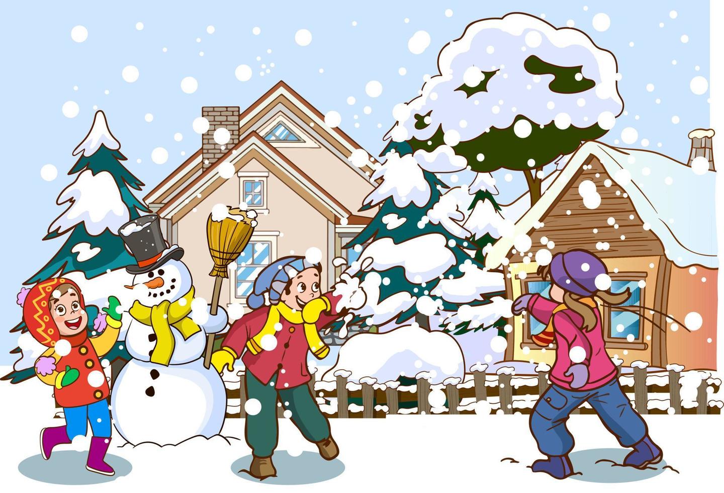 Kids play outside in the winter season. Cartoon style vector background. Happy children with  having fun while snowing in a park skating, skiing, making a snowman, playing snowball and sledding.