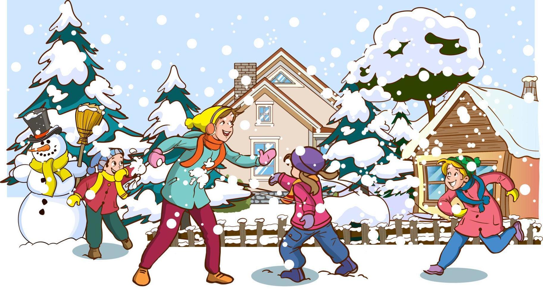 Kids play outside in the winter season. Cartoon style vector background. Happy children with  having fun while snowing in a park skating, skiing, making a snowman, playing snowball and sledding.