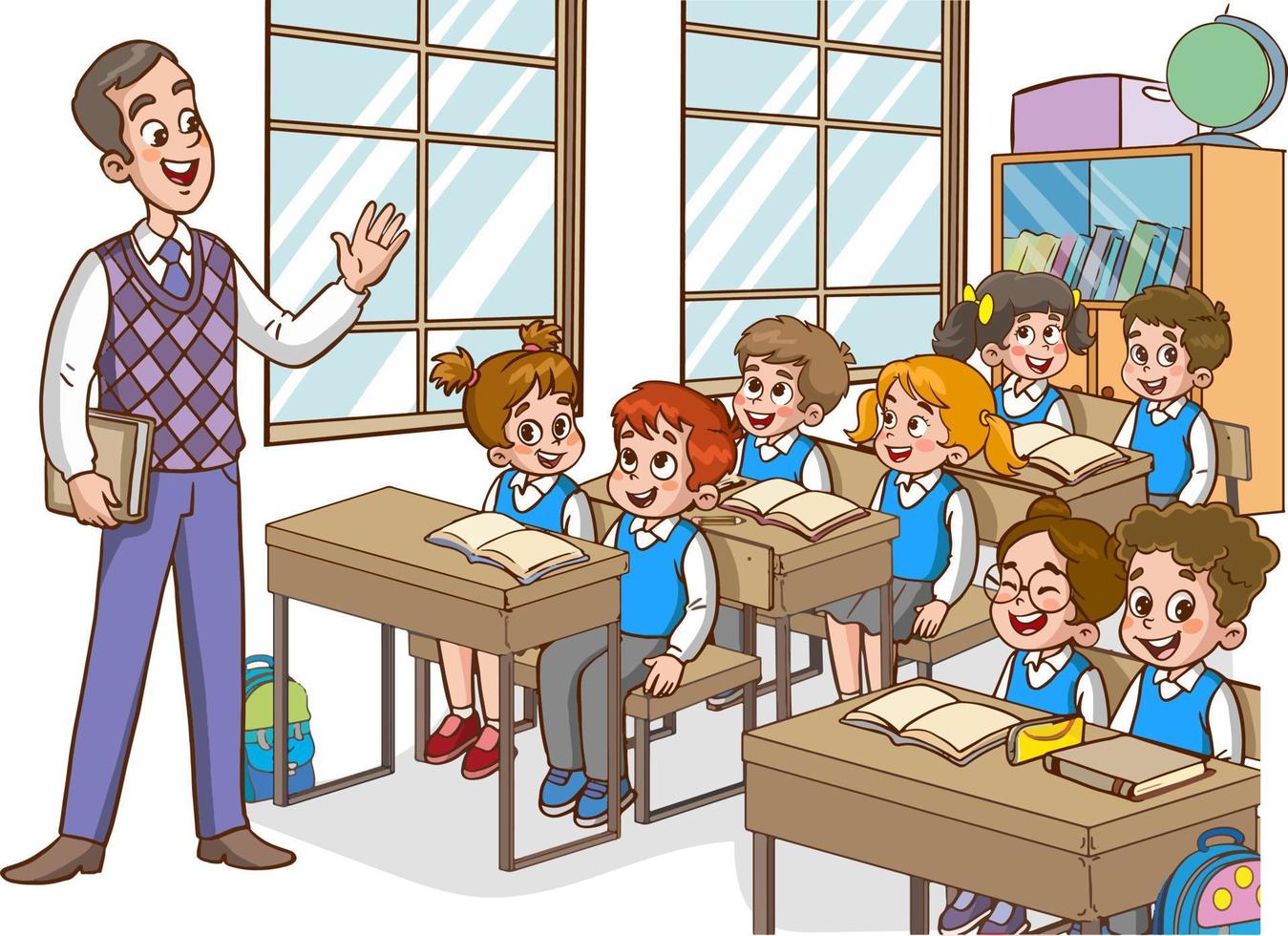 Illustration with kids and teacher in a classroom. Education illustration. Vector interior. Teacher with pupils in a classroom. Primary school kids. Children listen to teacher.