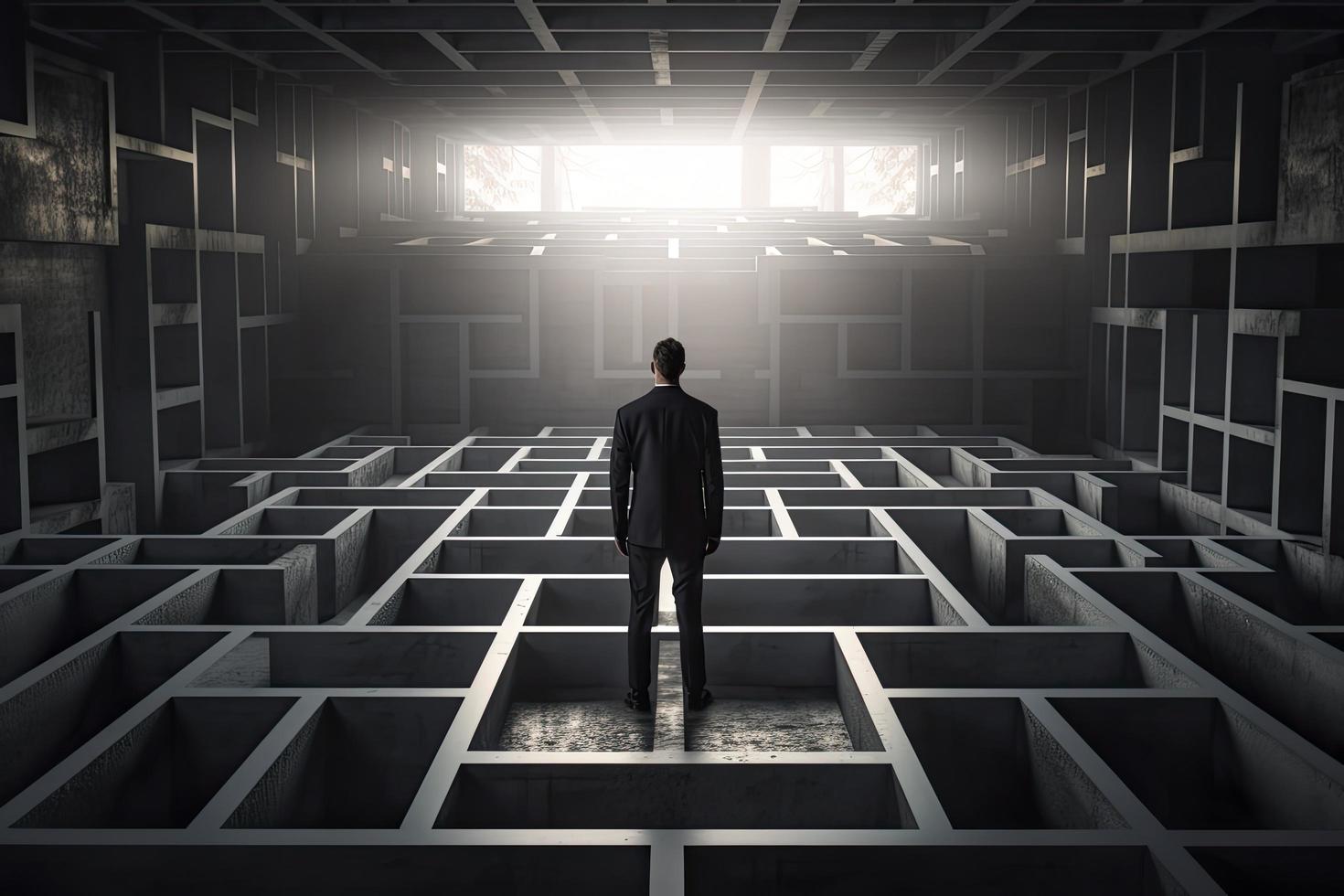 An elegant businessman standing on a square platform looking over infinite labyrinth concept photo