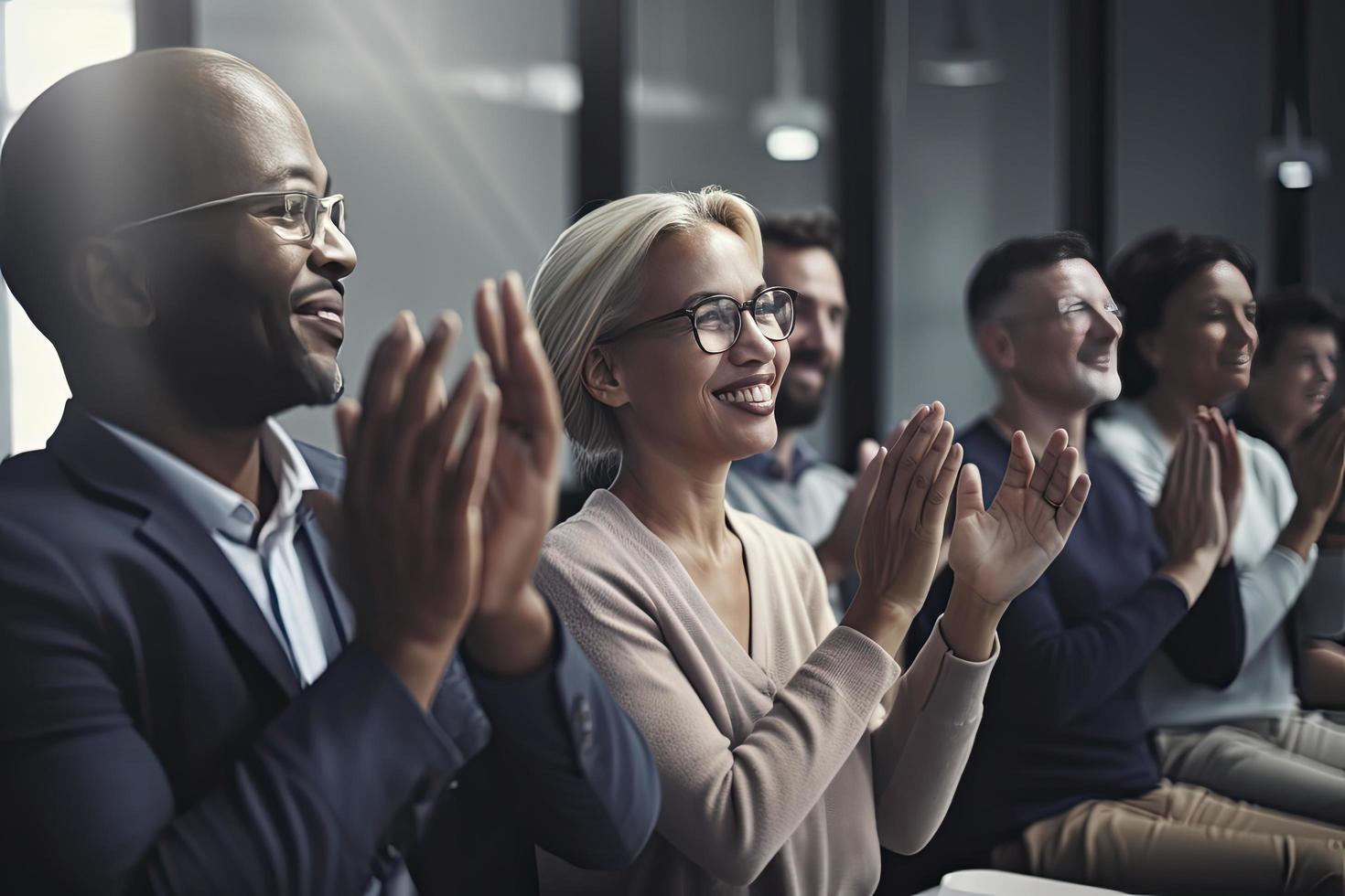 Cropped shot of an unrecognizable diverse group of businesspeople applauding while sitting photo