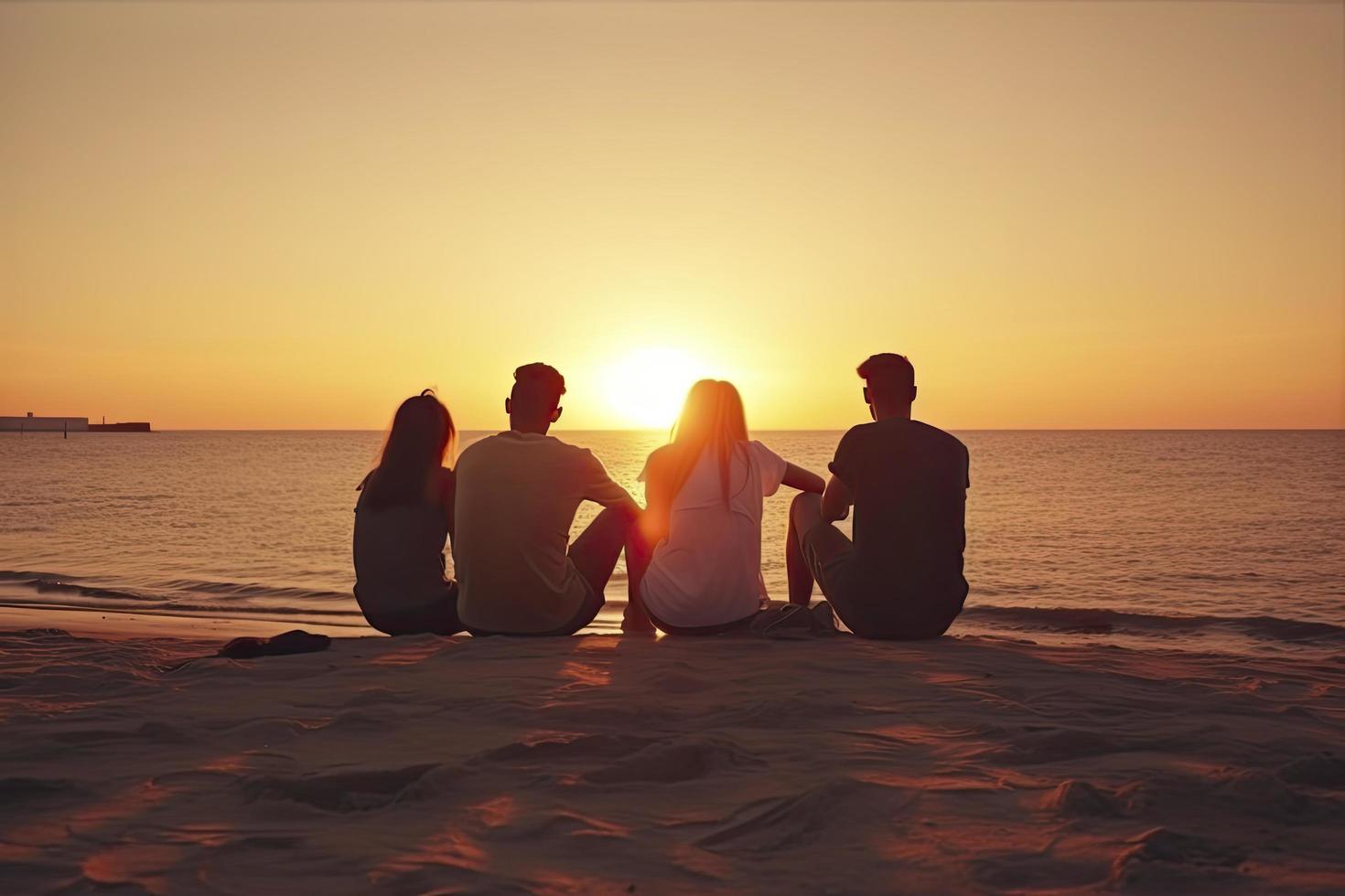 Group of five happy people sits on background of empty sunset beach. Travel or sea vacations concept photo