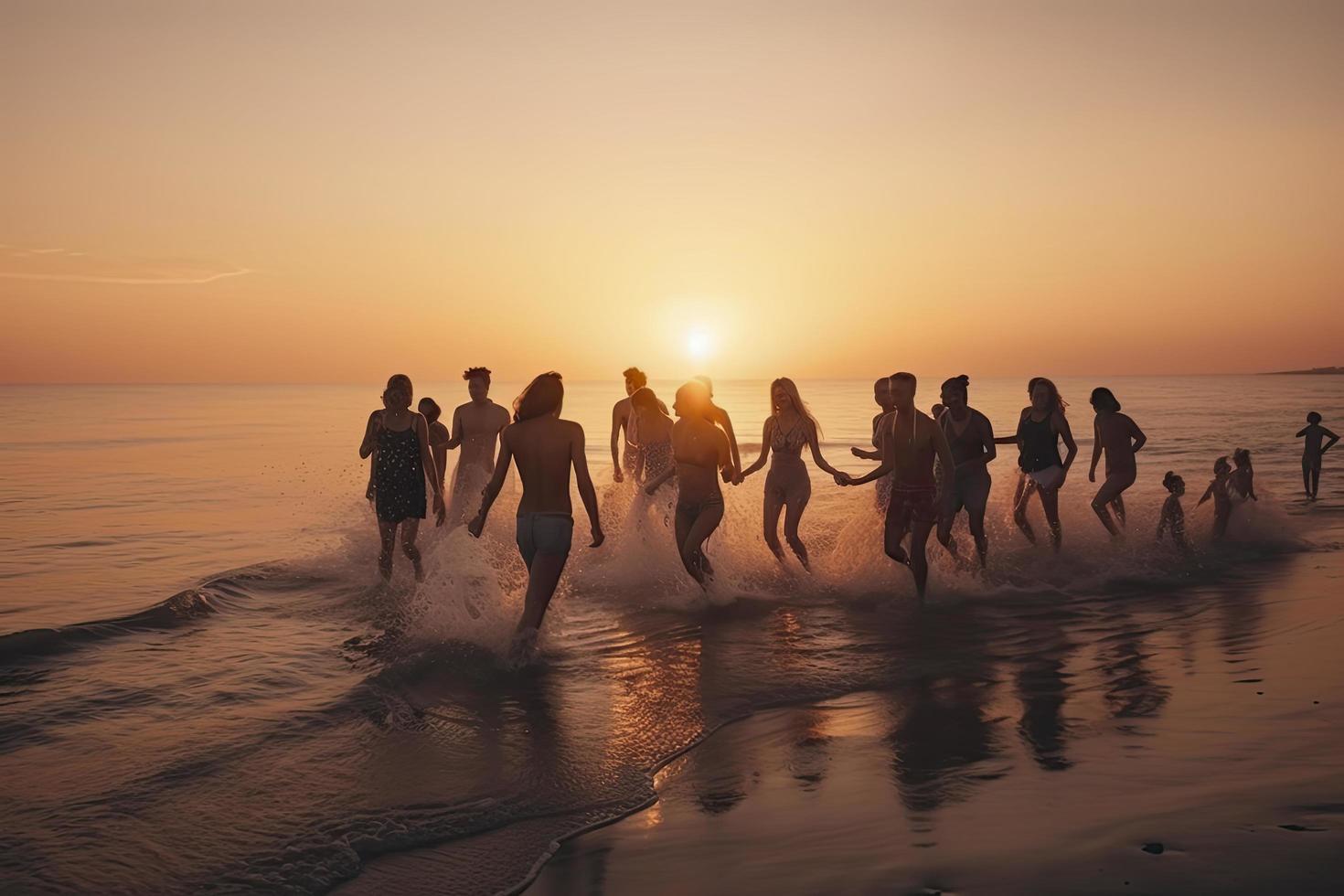 Big group of young friends or big family are having fun and run at sunset beach. Summer vacations concept photo