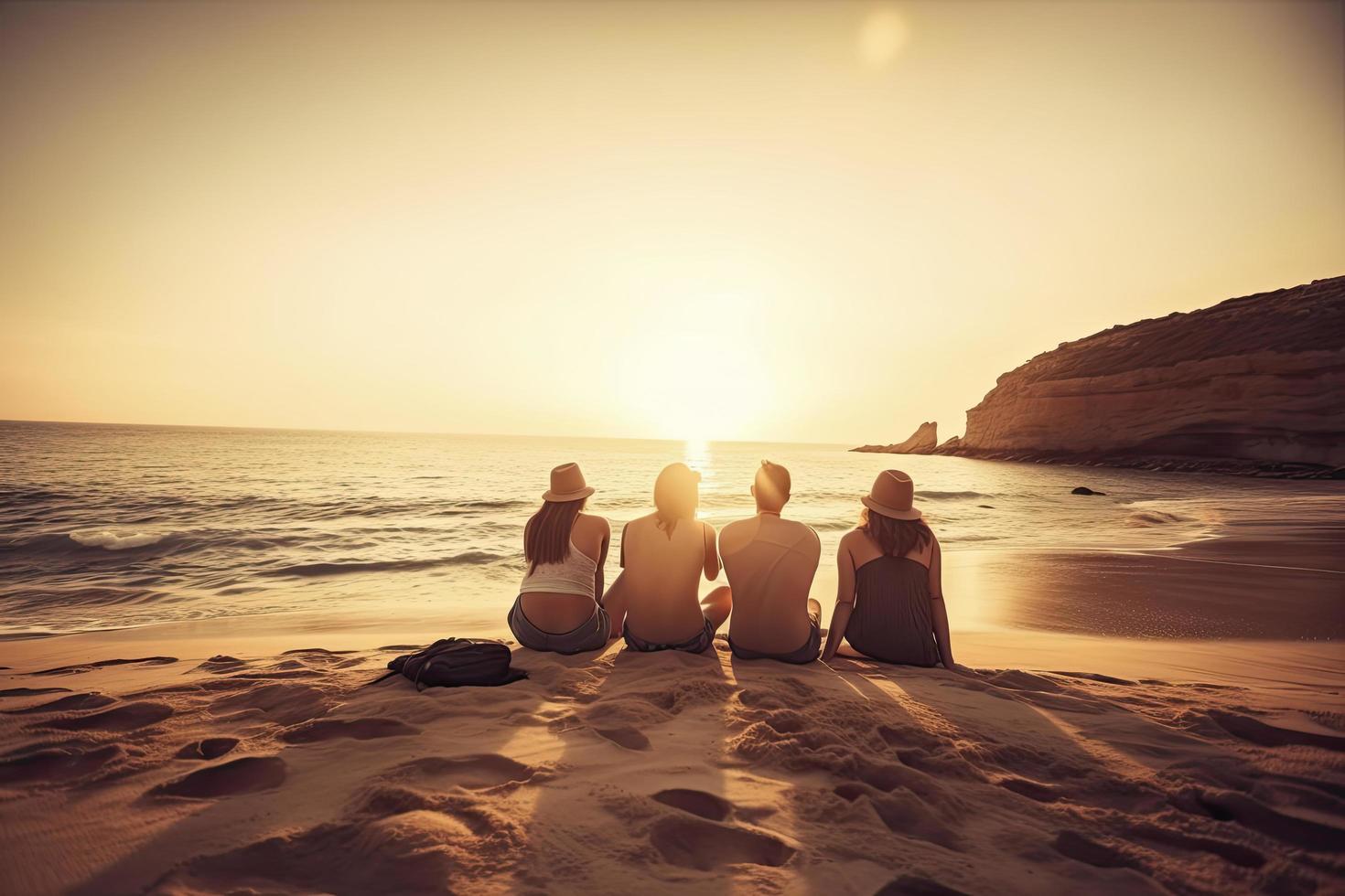Group of five happy people sits on background of empty sunset beach. Travel or sea vacations concept photo