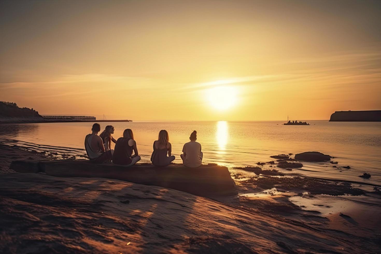Group of five happy people sits on background of empty sunset beach. Travel or sea vacations concept photo