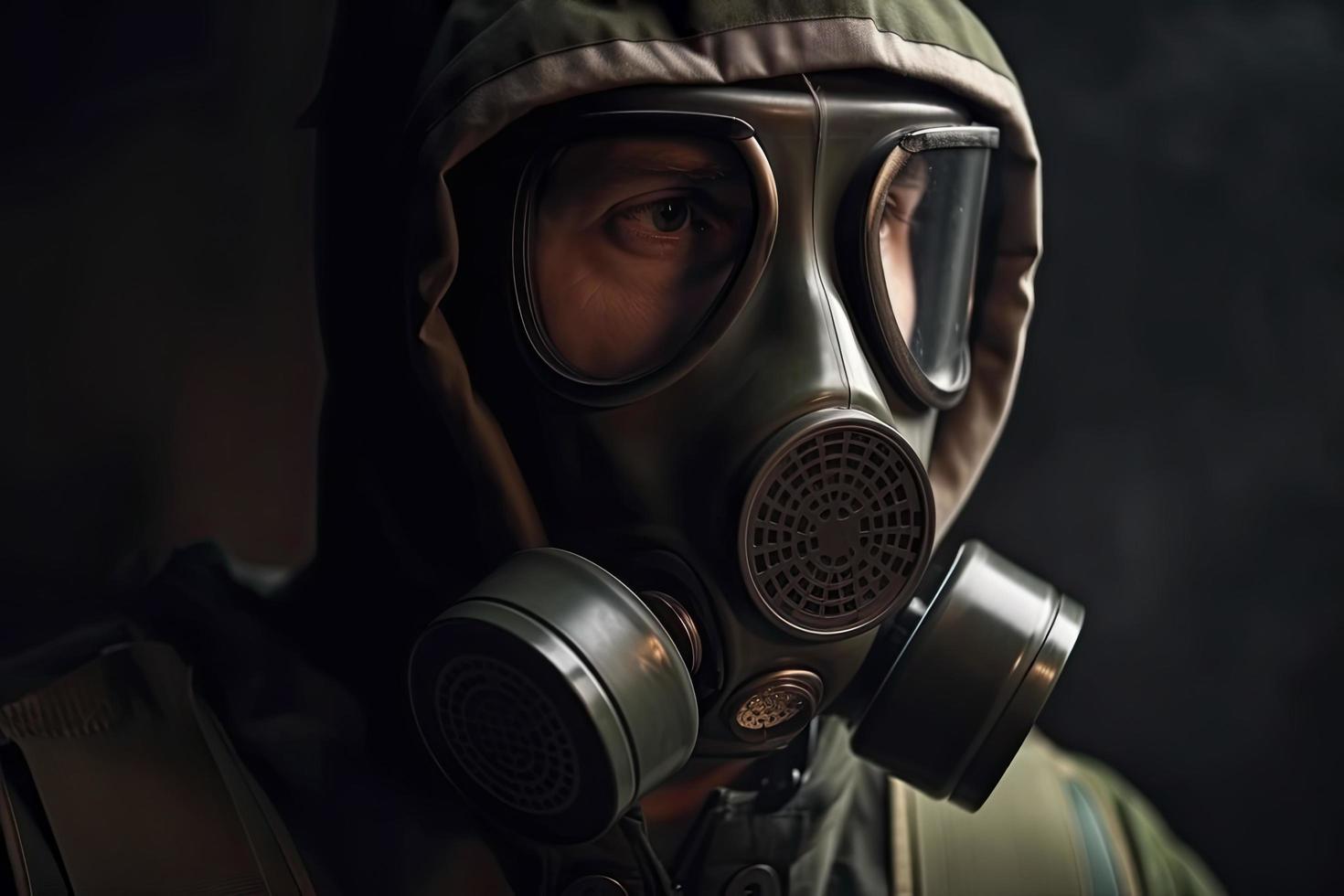 Man with a gas mask, nuclear war and environmental disaster, radioactivity catastrophe, military equipment photo