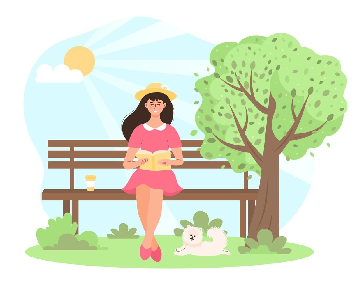 Young woman sitting on the bench in the park and reading a book. Cute dog resting nearby. Freelance, working, studying, education, dog walking, healthy lifestyle, hobby, relax concept. vector