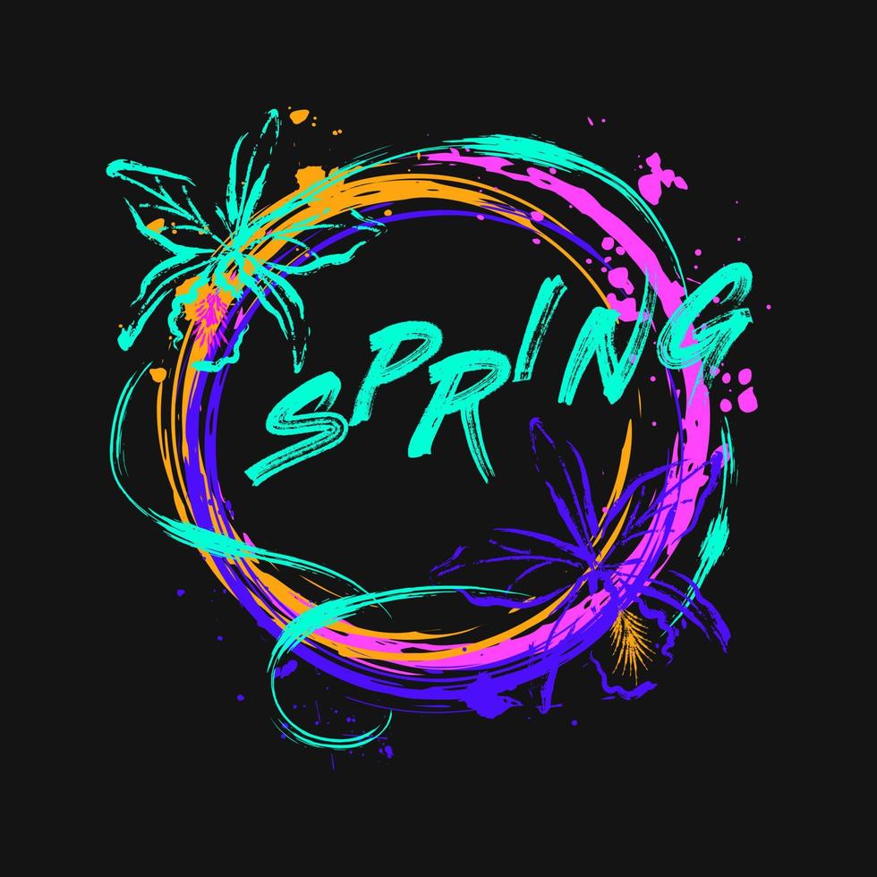 Circular label with orchids, paint brush strokes, spattered paint of neon bright colors, word Spring. Virtual surreal nature Grunge style for sports goods, prints, clothing, t shirt design vector