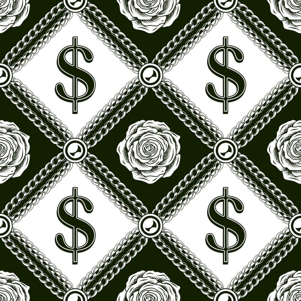 escalonado negro y blanco Clásico modelo con dólar firmar, cadenas, rosario, contorno rosas. vector monocromo sin costura antecedentes.