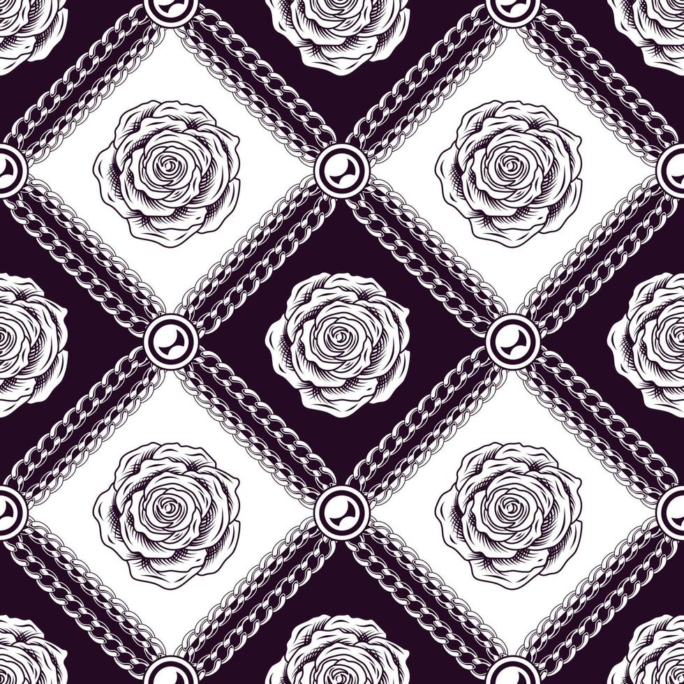 Staggered black and white vintage pattern with metal chains, beads, outline roses. Vector monochrome seamless background.