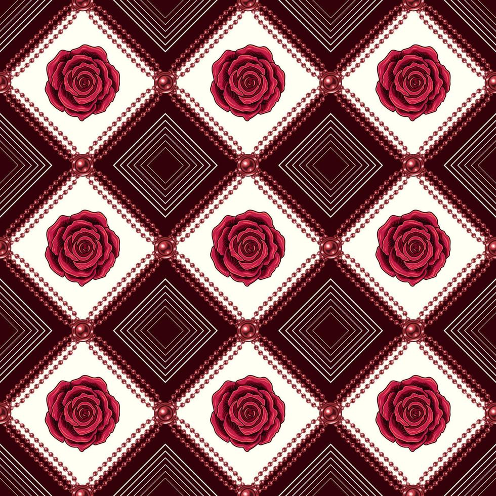 a cuadros lujo Clásico modelo con rojo pelota talón cadenas, rosario, carmesí rosas, contorno cuadrícula dentro de rombo red. vector sin costura antecedentes.