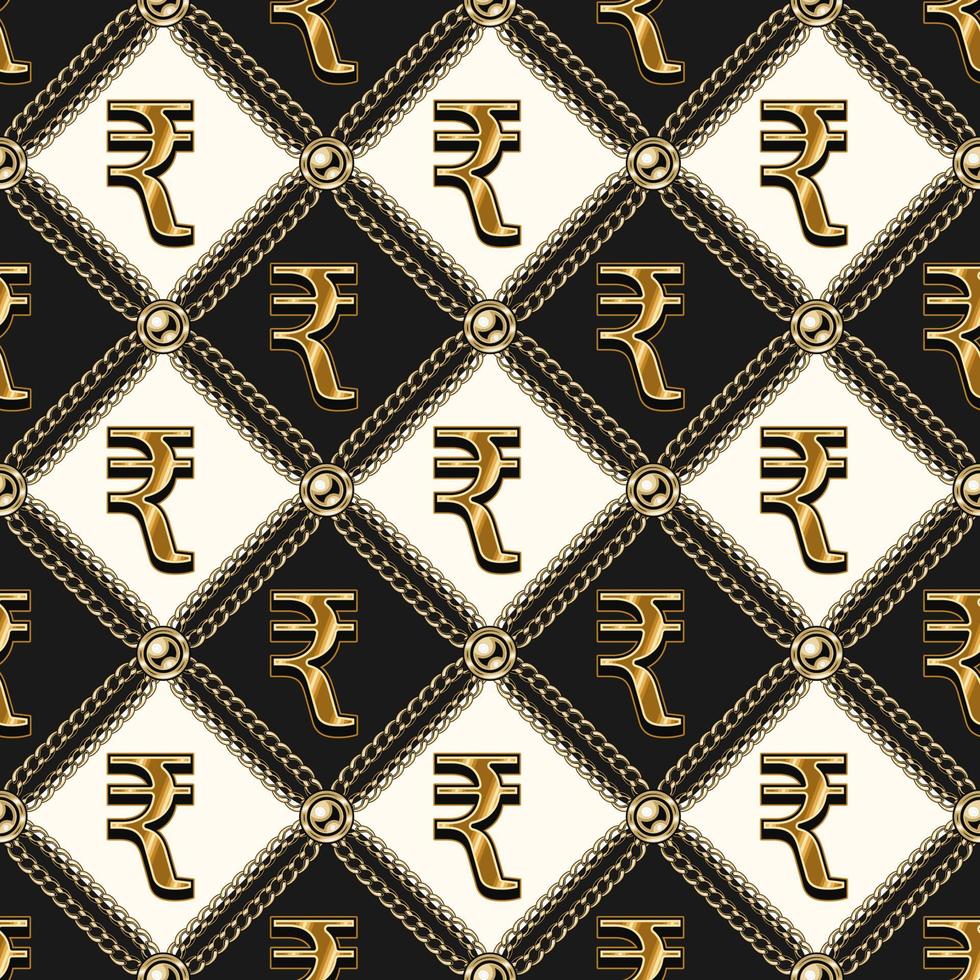 Staggered vintage black and white pattern with shiny gold rupee sign, gold chains, buttons. Classic square grid. Vector seamless background.