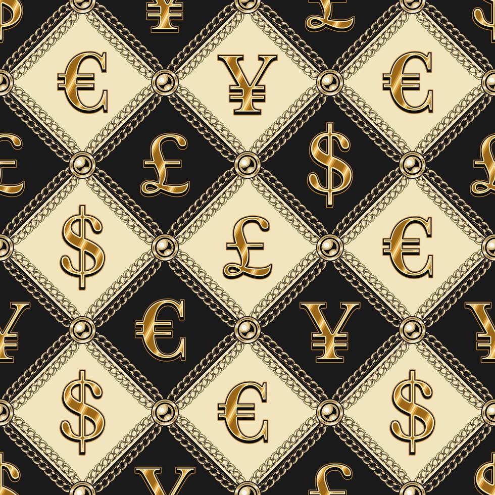 Staggered luxury vintage black and white pattern with gold chains, beads, shiny symbols of major world currencies. US dollar, euro, pound sterling, yen. vector